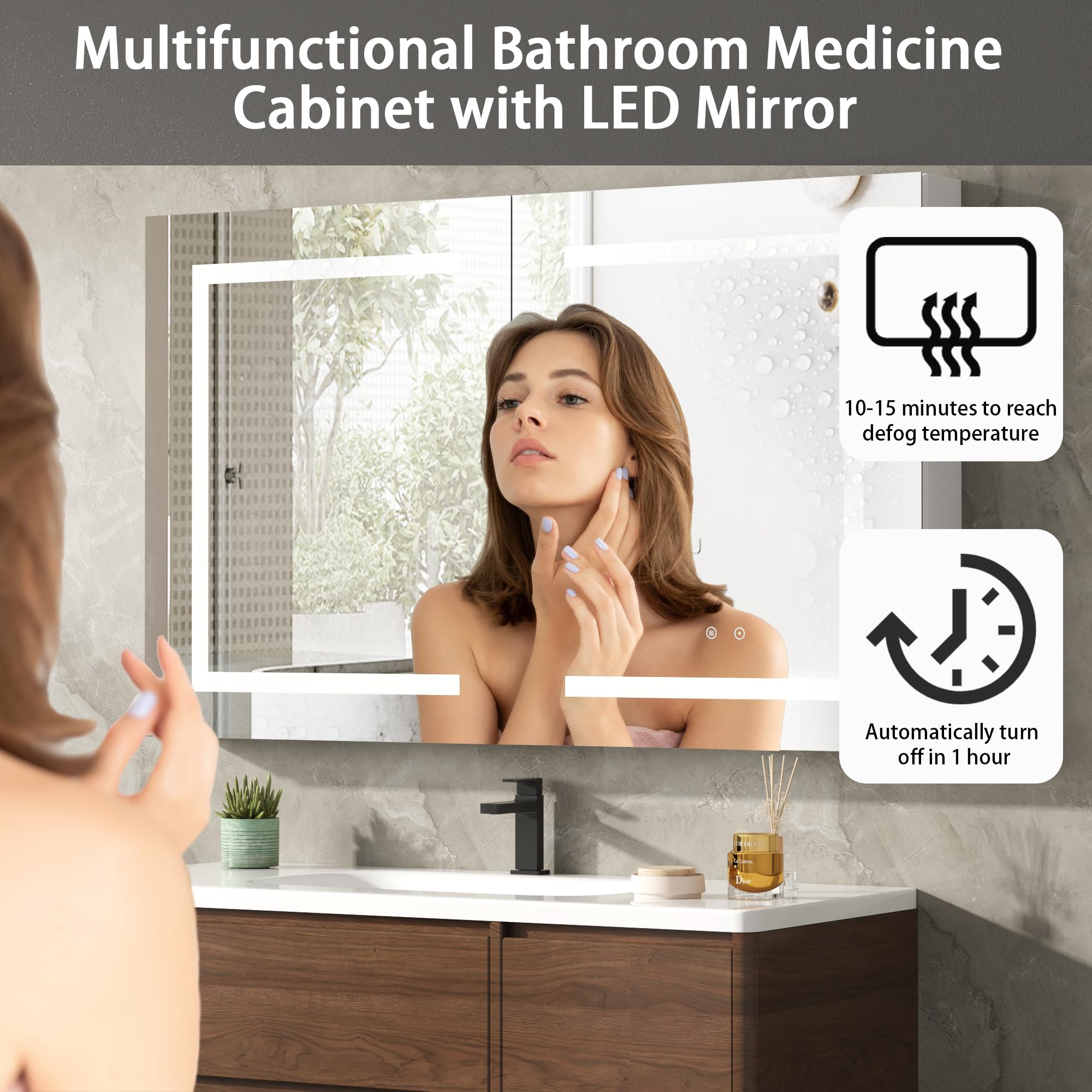 Medicine Cabinet with LED Mirror for Bathroom, 36''x24'' Aluminum, Wall Mounted Led Medicine Cabinet, Defog, Stepless Dimming, 3 Colors, 2 Outlets, 2USB, Wall Mounted (36'' x 24'' Double Door)