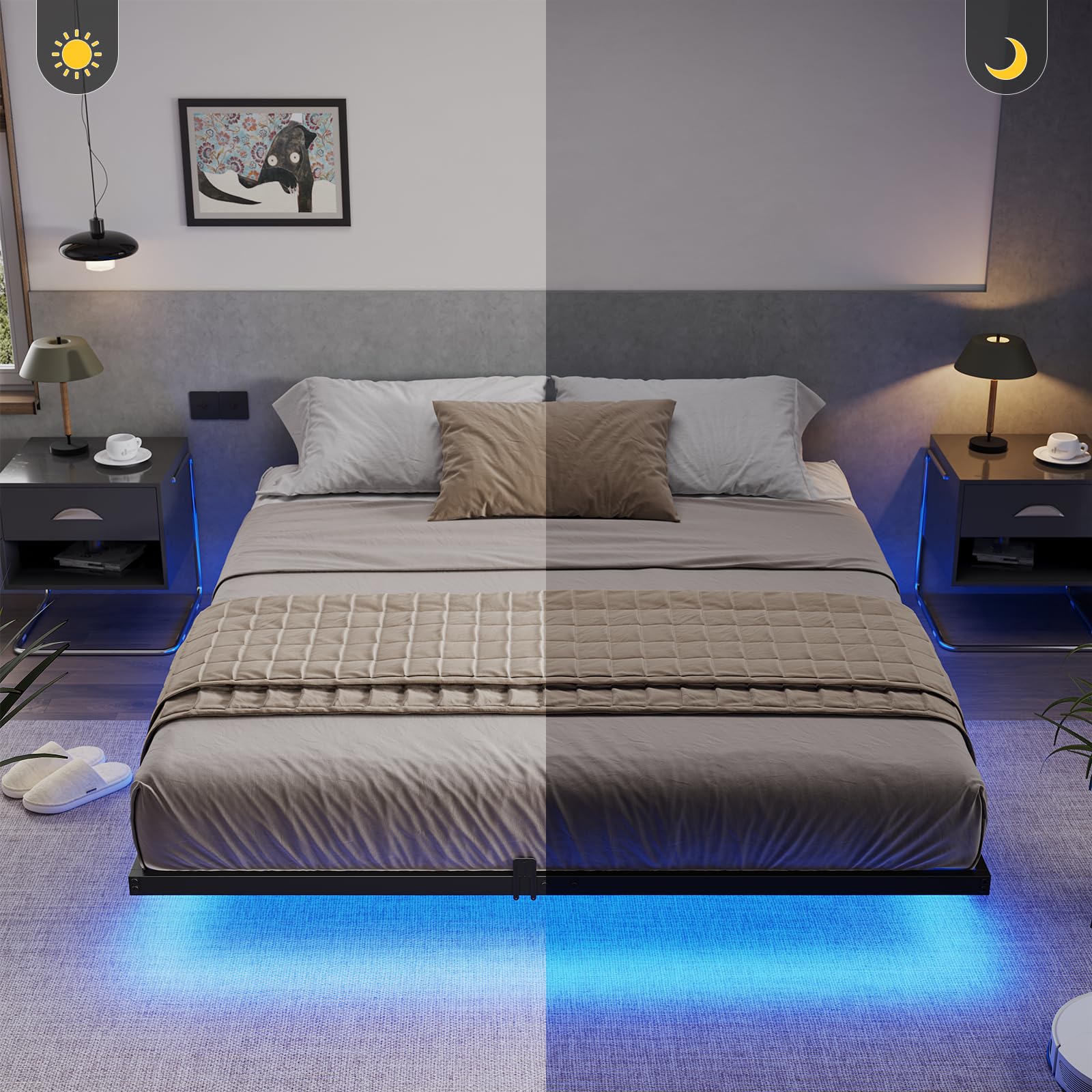 Hasuit Floating Bed Frame Queen Size with LED Lights, Metal Platform Queen Bed, No Box Spring Needed, Easy to Assemble (Queen)