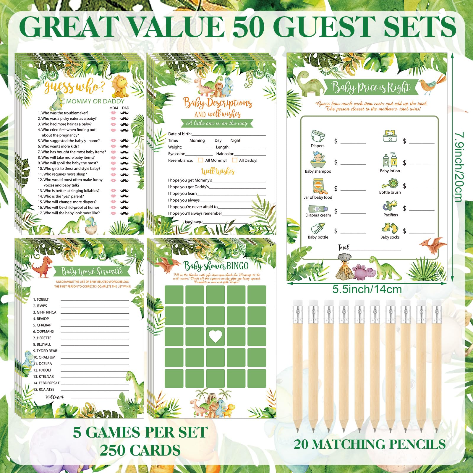 Patelai 321 Pcs Baby Shower Games Supplies, 5 Sets (50 Cards Each) Activities Cards with 20 Pencils 1 Don't Say Baby Sign 50 Clothespin(Dinosaur)