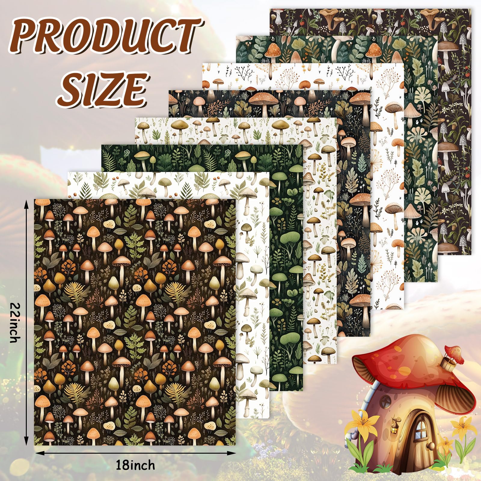 Whaline 8Pcs Mushroom Cotton Fabric Bundles Watercolor Mushroom Leaves Fat Quarters Woodland Forest Sewing Fabrics for DIY Handmade Crafting, 18 x 22 Inch