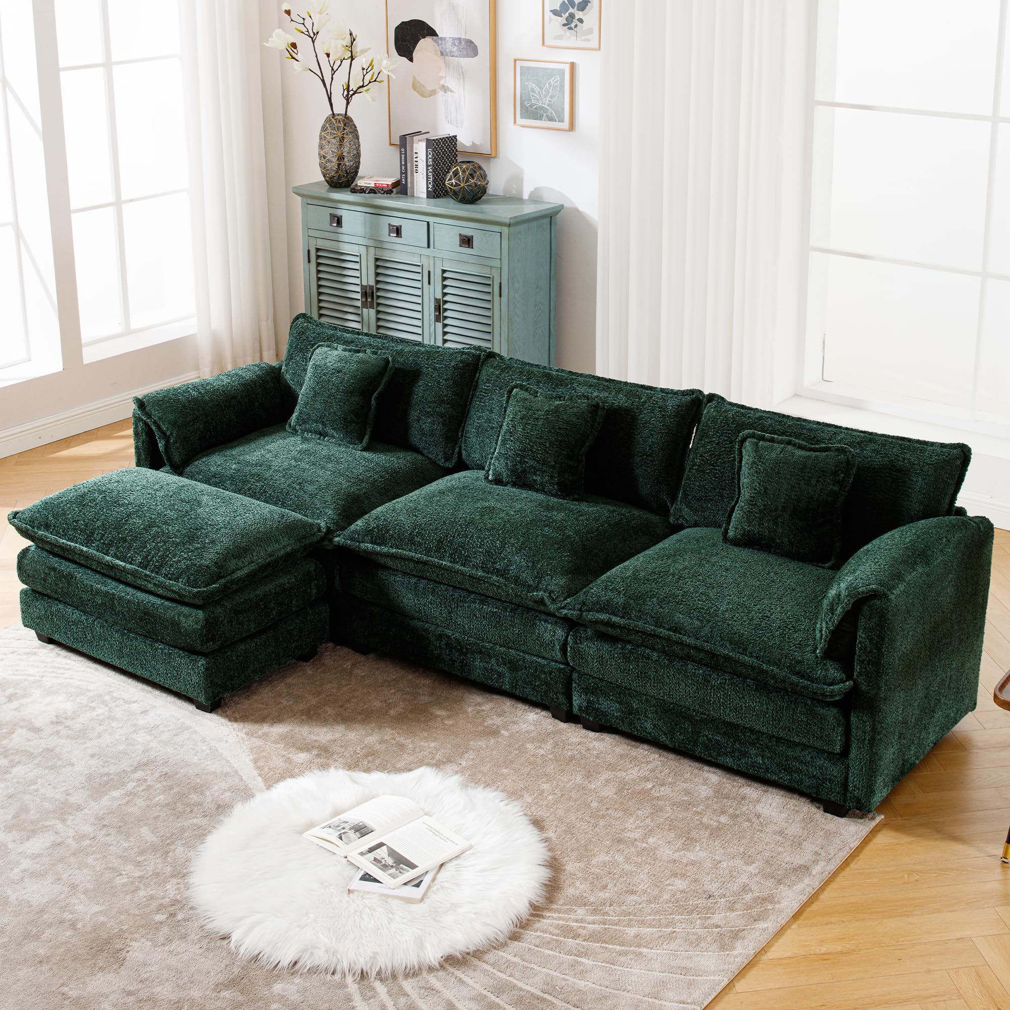 GNIXUU 112" Oversized Sectional Sofa Cloud Couch for Living Room, Modern Chenille L Shaped Couch, Comfy Boucle Modular Sofa Sleeper with Moveable Ottoman & Memory Foam(Emerald)