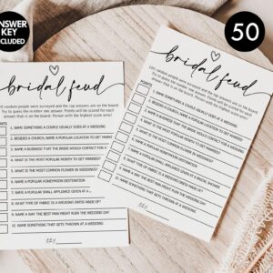 All Ewired Up 50 Bridal Family Feud (50-Cards) Fun Wedding Shower Decorations Engagement Party Rehearsal Dinner Game Activity, Minimalist Script