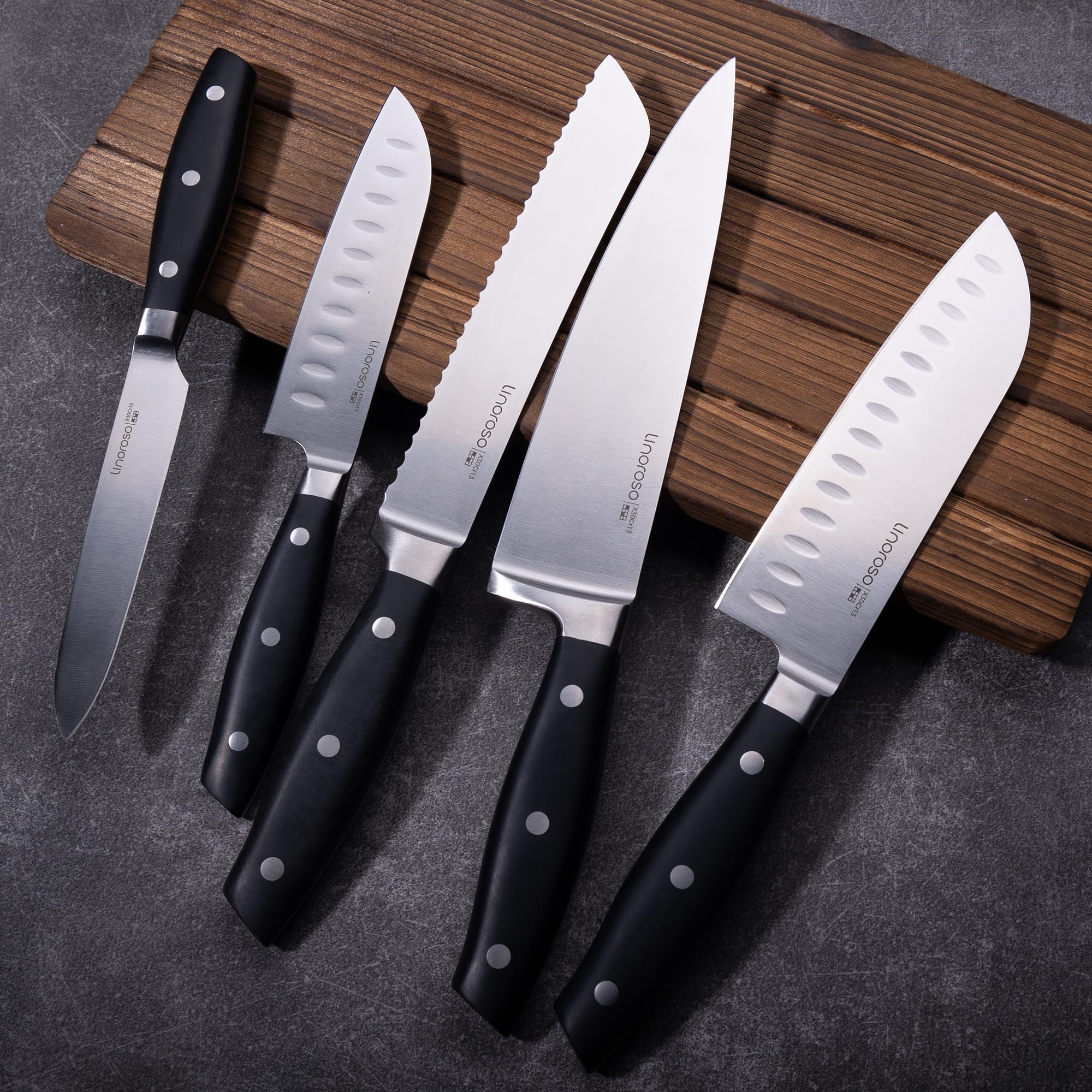 linoroso 5 Pcs Knife Set with Magnetic Knife Strip, Sharp High Carbon Stainless Steel Kitchen Knife Set for Cutting, Chopping & Slicing, Chef Knives Set with Magnetic Knife Holder for Wall