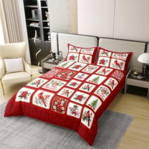 Exotic Birds 100% Nature Cotton Duvet Cover Queen,Merry Christmas Trees Flower Red Birds Super Soft Bedding Set,Rustic Farmhouse Geometry Patchwork Comforter Cover Bedding 3 Piece (No Comforter)