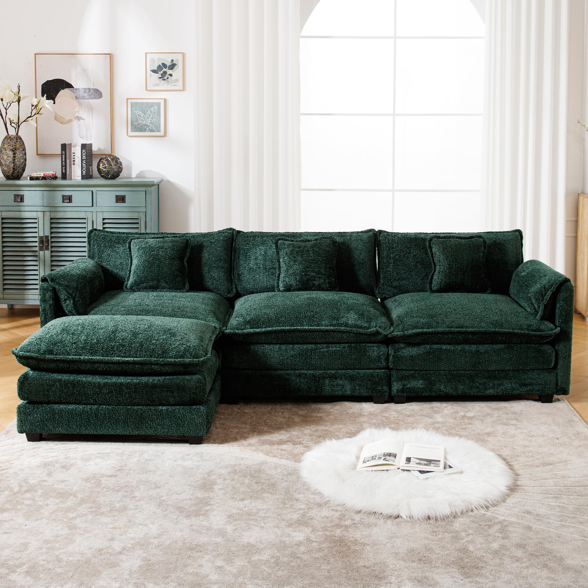 GNIXUU 112" Oversized Sectional Sofa Cloud Couch for Living Room, Modern Chenille L Shaped Couch, Comfy Boucle Modular Sofa Sleeper with Moveable Ottoman & Memory Foam(Emerald)