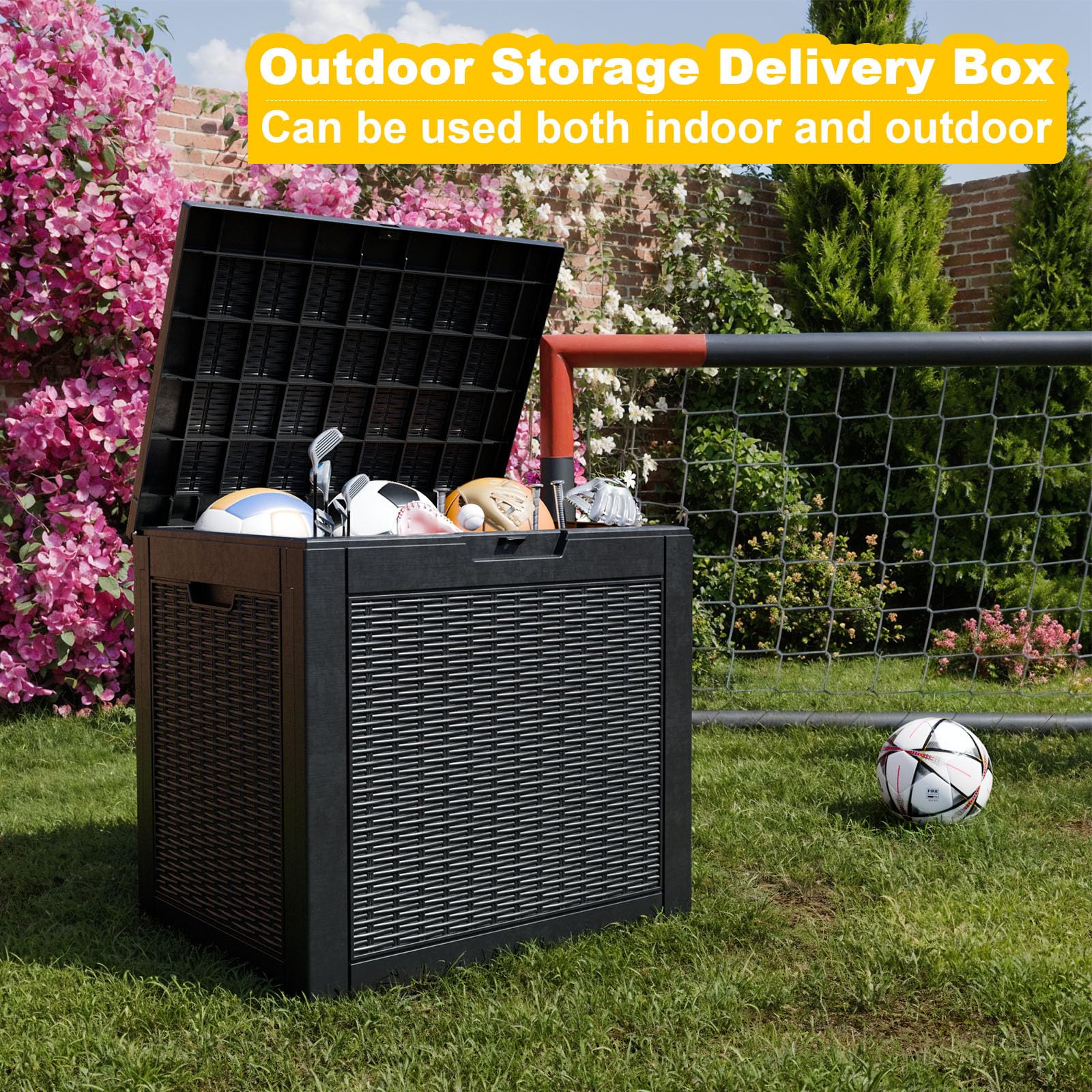 GGYI 31 Gallon Waterproof Outdoor Resin Deck Box with Lockable Lid, Stylish Wicker Pattern, Easy Assembly Features and Convenient Handles For Patio Cushion, and other Patio Furniture (Black)