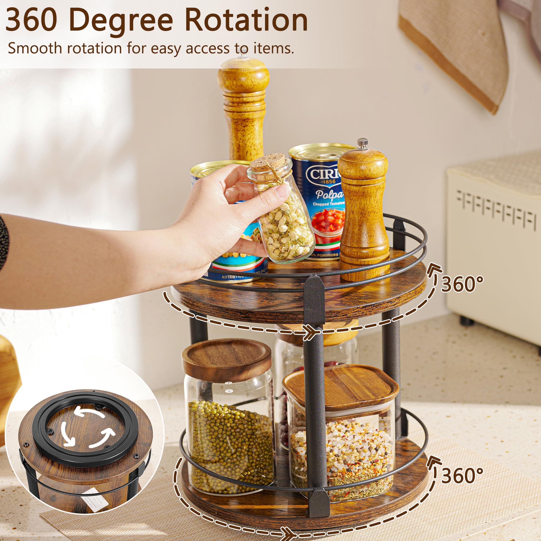 Creso hom Lazy Susan Organizer 2 tier Rotating Spice Racks, Lazy Susan 360 Degree Turntable Spice Holder Rack for Cabinet and Kitchen Countertop, Rustic Brown