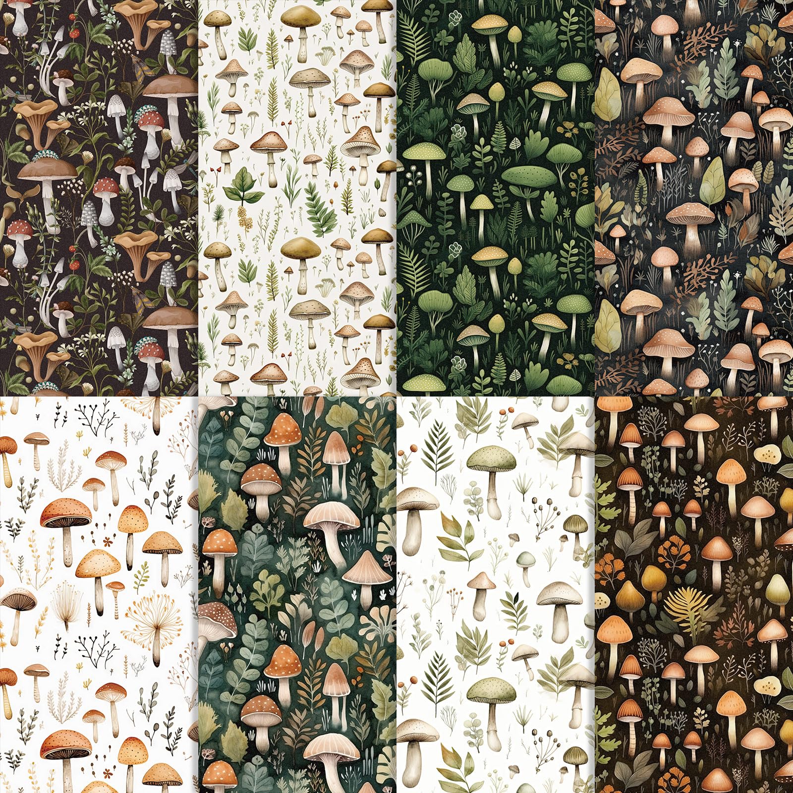 Whaline 8Pcs Mushroom Cotton Fabric Bundles Watercolor Mushroom Leaves Fat Quarters Woodland Forest Sewing Fabrics for DIY Handmade Crafting, 18 x 22 Inch