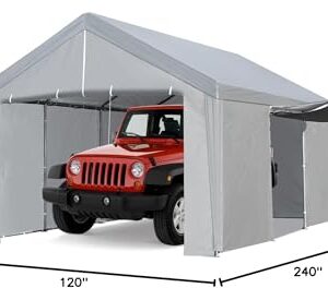 ACONEE Carport 10×20 FT Heavy Duty Car Canopy Storage Shed, Portable Garage Party Tent with Removable Sidewalls & Doors, Reinforced Triangular Beam, All Metal Frame, Garage Shelter Waterproof, Grey