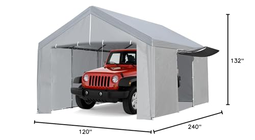 ACONEE Carport 10×20 FT Heavy Duty Car Canopy Storage Shed, Portable Garage Party Tent with Removable Sidewalls & Doors, Reinforced Triangular Beam, All Metal Frame, Garage Shelter Waterproof, Grey