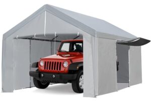 aconee carport 10×20 ft heavy duty car canopy storage shed, portable garage party tent with removable sidewalls & doors, reinforced triangular beam, all metal frame, garage shelter waterproof, grey