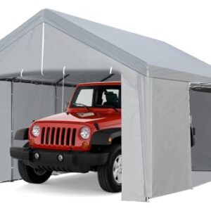 ACONEE Carport 10×20 FT Heavy Duty Car Canopy Storage Shed, Portable Garage Party Tent with Removable Sidewalls & Doors, Reinforced Triangular Beam, All Metal Frame, Garage Shelter Waterproof, Grey