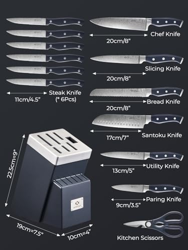 Knife Block Set, AMEGAT Knife Set with Advanced Self-Sharpening Technology, 14-Piece Waved Texture Kitchen Knife Set, Stainless Steel Knife Set with Block, Razor-Sharp Knives and Full Tang Handle