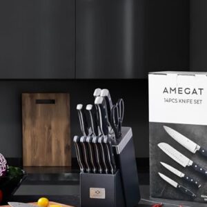 Knife Block Set, AMEGAT Knife Set with Advanced Self-Sharpening Technology, 14-Piece Waved Texture Kitchen Knife Set, Stainless Steel Knife Set with Block, Razor-Sharp Knives and Full Tang Handle