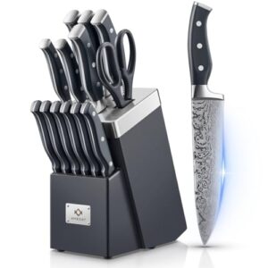 knife block set, amegat knife set with advanced self-sharpening technology, 14-piece waved texture kitchen knife set, stainless steel knife set with block, razor-sharp knives and full tang handle