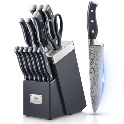 Knife Block Set, AMEGAT Knife Set with Advanced Self-Sharpening Technology, 14-Piece Waved Texture Kitchen Knife Set, Stainless Steel Knife Set with Block, Razor-Sharp Knives and Full Tang Handle