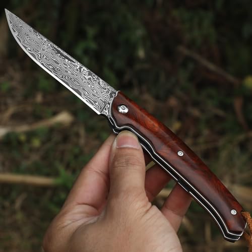 Omesio Damascus Pocket Knife with Leather Sheath for Men Women, Wooden Handle, Vg-10 Steel Damascus Folding Knife, 3.54 Inch Blade Foldable EDC Knife for Camping Fishing Hiking Hunting Gift