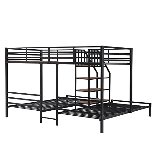 BOVZA Twin Size L-Shaped Metal Triple Bunk Bed with Storage Stairs, Twin Over Twin & Twin Triple Bunk Beds for 3 Kids Teens Girls Boys, Black