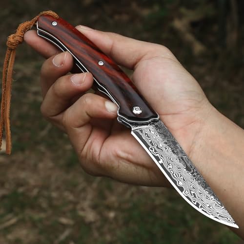 Omesio Damascus Pocket Knife with Leather Sheath for Men Women, Wooden Handle, Vg-10 Steel Damascus Folding Knife, 3.54 Inch Blade Foldable EDC Knife for Camping Fishing Hiking Hunting Gift