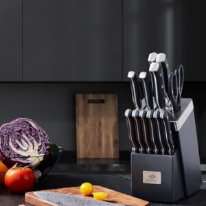 Knife Block Set, AMEGAT Knife Set with Advanced Self-Sharpening Technology, 14-Piece Waved Texture Kitchen Knife Set, Stainless Steel Knife Set with Block, Razor-Sharp Knives and Full Tang Handle