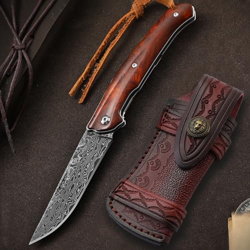 Omesio Damascus Pocket Knife with Leather Sheath for Men Women, Wooden Handle, Vg-10 Steel Damascus Folding Knife, 3.54 Inch Blade Foldable EDC Knife for Camping Fishing Hiking Hunting Gift