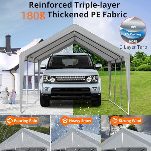 ACONEE Carport 10×20 FT Heavy Duty Car Canopy Storage Shed, Portable Garage Party Tent with Removable Sidewalls & Doors, Reinforced Triangular Beam, All Metal Frame, Garage Shelter Waterproof, Grey