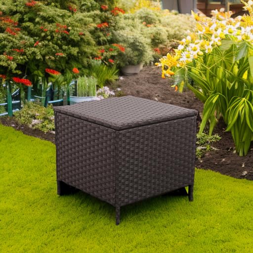 Lviden Outdoor Wicker Storage Side Table, Patio Brown PE Rattan End Table with Storage, Square Container for Furniture Covers, Toys, and Gardening Tools