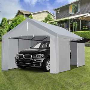 ACONEE Carport 10×20 FT Heavy Duty Car Canopy Storage Shed, Portable Garage Party Tent with Removable Sidewalls & Doors, Reinforced Triangular Beam, All Metal Frame, Garage Shelter Waterproof, Grey