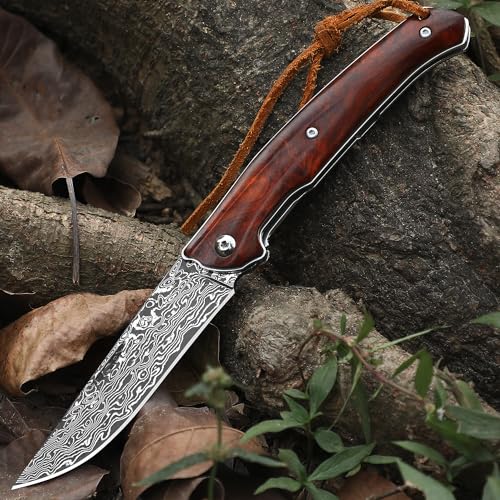 Omesio Damascus Pocket Knife with Leather Sheath for Men Women, Wooden Handle, Vg-10 Steel Damascus Folding Knife, 3.54 Inch Blade Foldable EDC Knife for Camping Fishing Hiking Hunting Gift