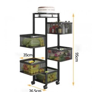 CLAYHU Rotating Storage Rack with Lockable Casters & Stainless Steel Removable Storage Basket Fruit and Vegetable Storage Rack for Kitchen Bathroom Storage Basket Rack Bedroom (Black, 5 Tier)