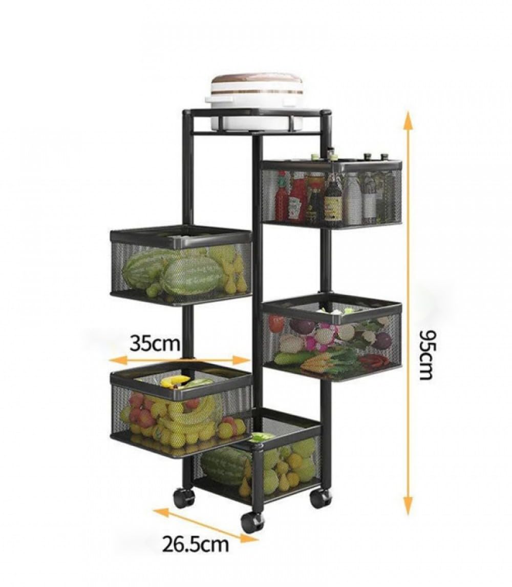 CLAYHU Rotating Storage Rack with Lockable Casters & Stainless Steel Removable Storage Basket Fruit and Vegetable Storage Rack for Kitchen Bathroom Storage Basket Rack Bedroom (Black, 5 Tier)