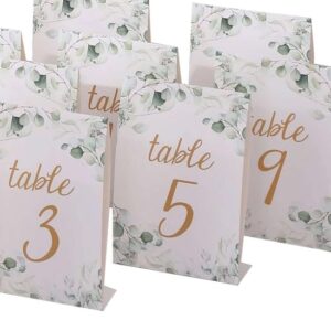 Efavormart 25 Pack White Green Double Sided Paper Wedding Table Numbers with Eucalyptus Leaves and Gold Foil Numbers Print, 7" Free Standing Table Sign Cards 1-25