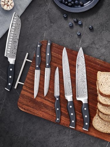 Knife Block Set, AMEGAT Knife Set with Advanced Self-Sharpening Technology, 14-Piece Waved Texture Kitchen Knife Set, Stainless Steel Knife Set with Block, Razor-Sharp Knives and Full Tang Handle