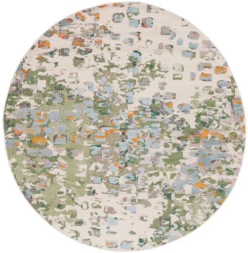 SAFAVIEH Monaco Collection Area Rug - 6'7" Round, Green & Rust, Geometric Design, Slip Resistant, Ideal for High Traffic Areas in Living Room, Bedroom & Dining Room (MNC225W-7R)