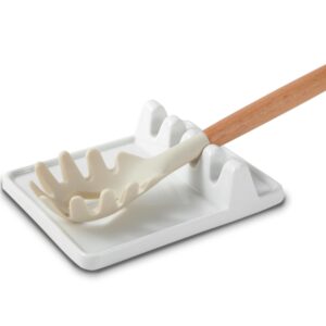 ceramic utensil rest with drip pad for multiple utensils, heat-resistant, spoon rest & spoon holder for stove top, kitchen utensil holder for spoons, ladles, tongs & more (white)