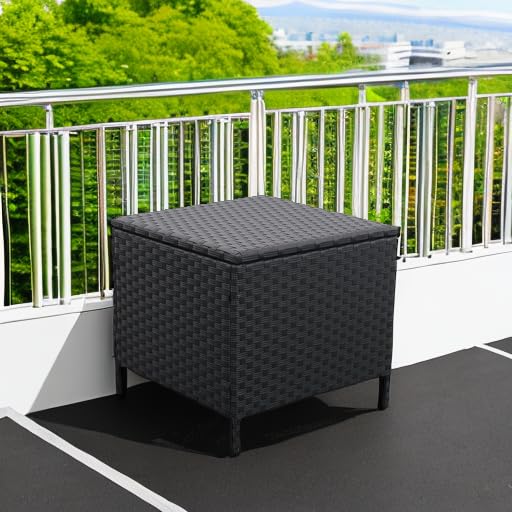 Lviden Outdoor Wicker Storage Side Table, Patio Black PE Rattan End Table with Storage, Square Container for Furniture Covers, Toys, and Gardening Tools