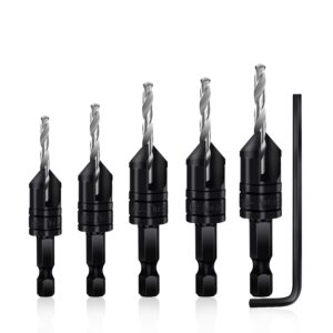 countersink drill bit set 5 pc,3in1 woodworking counterbore hole drill bits,tapered countersink bit,depth adjustable m2 pilot drill bits, 82-degree chamfer, 1/4”hex shank