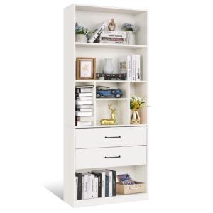 sejov white bookshelf, 71" tall bookcase with 2 drawers, wooden bookcases 4-tier open shelves, bookshelves and storage cabinet floor standing for bedroom, living room, office