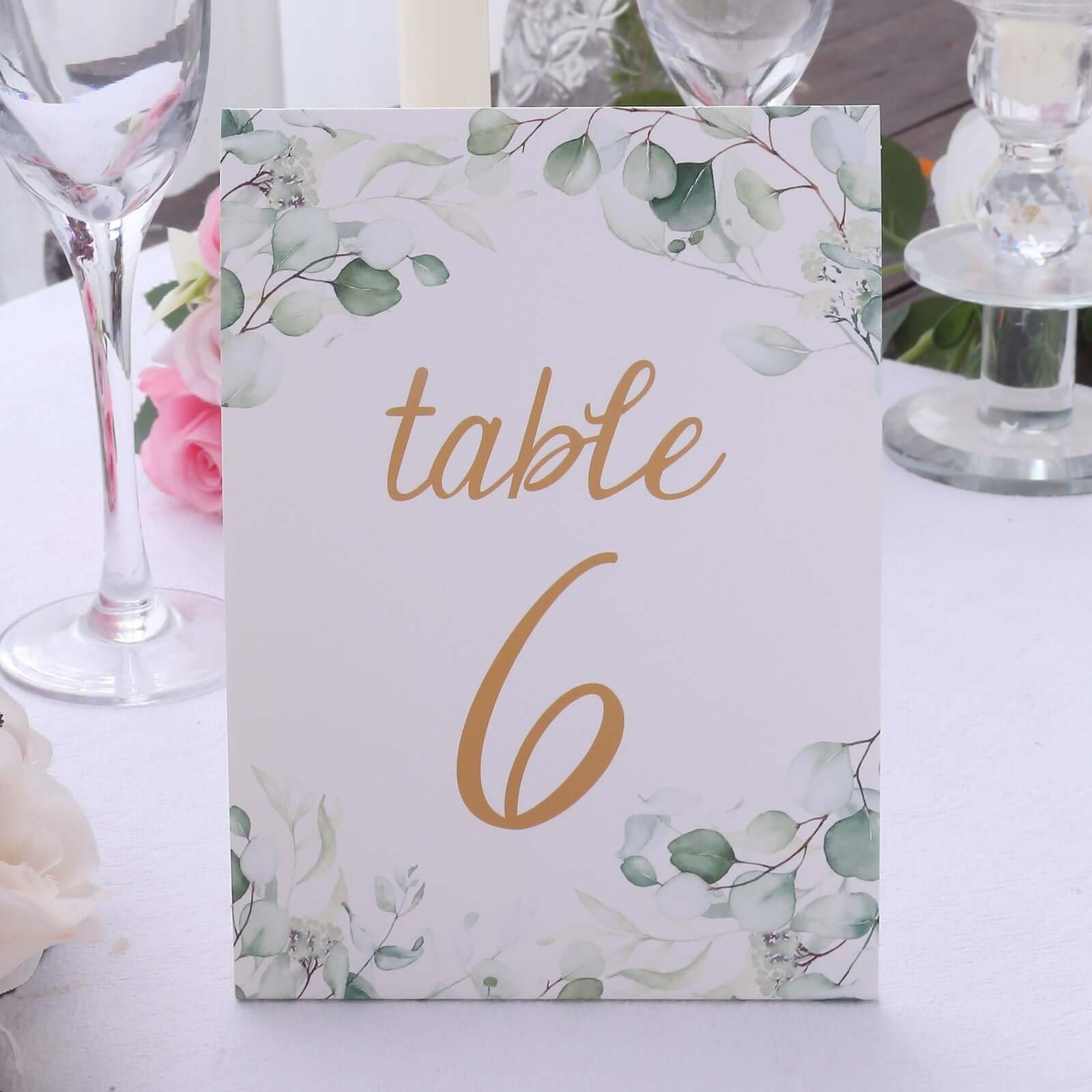 Efavormart 25 Pack White Green Double Sided Paper Wedding Table Numbers with Eucalyptus Leaves and Gold Foil Numbers Print, 7" Free Standing Table Sign Cards 1-25