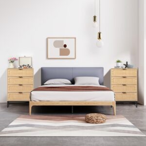 affeivul Mid Century Modern Dresser, 4 Drawer Rattan Dresser for Bedroom Wood, Boho Wooden Rattan Storage Cabinet Side Table with Solid Metal Legs, Tall Skinny Dresser for Closet (Natural)