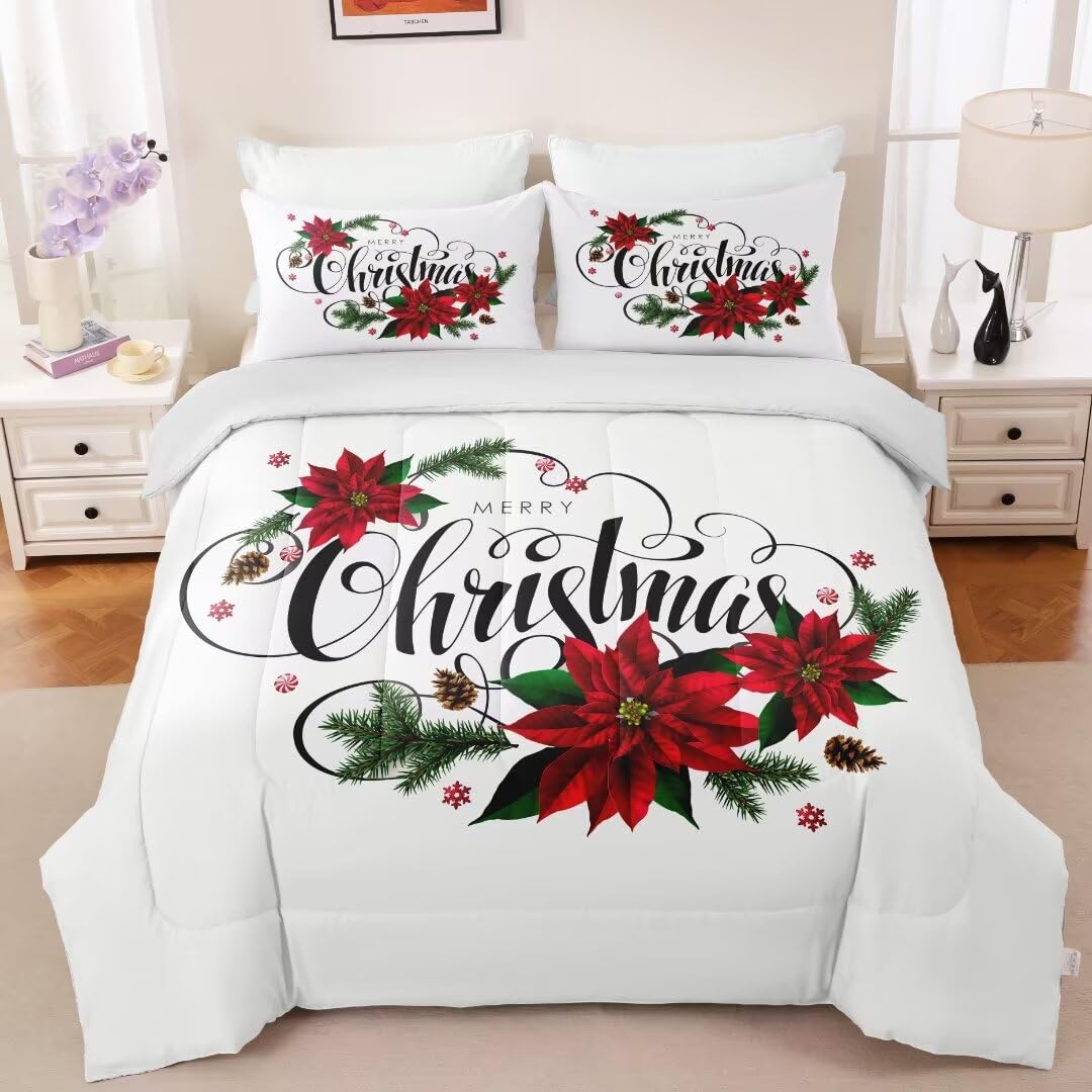 GRAT TIOC Christmas Comforter King,Xmas Bedding Set Set,Red Poinsettia Flowers Comforter Merry Christmas Bed Bedroom Set Home Decor for Kids Girls Women White