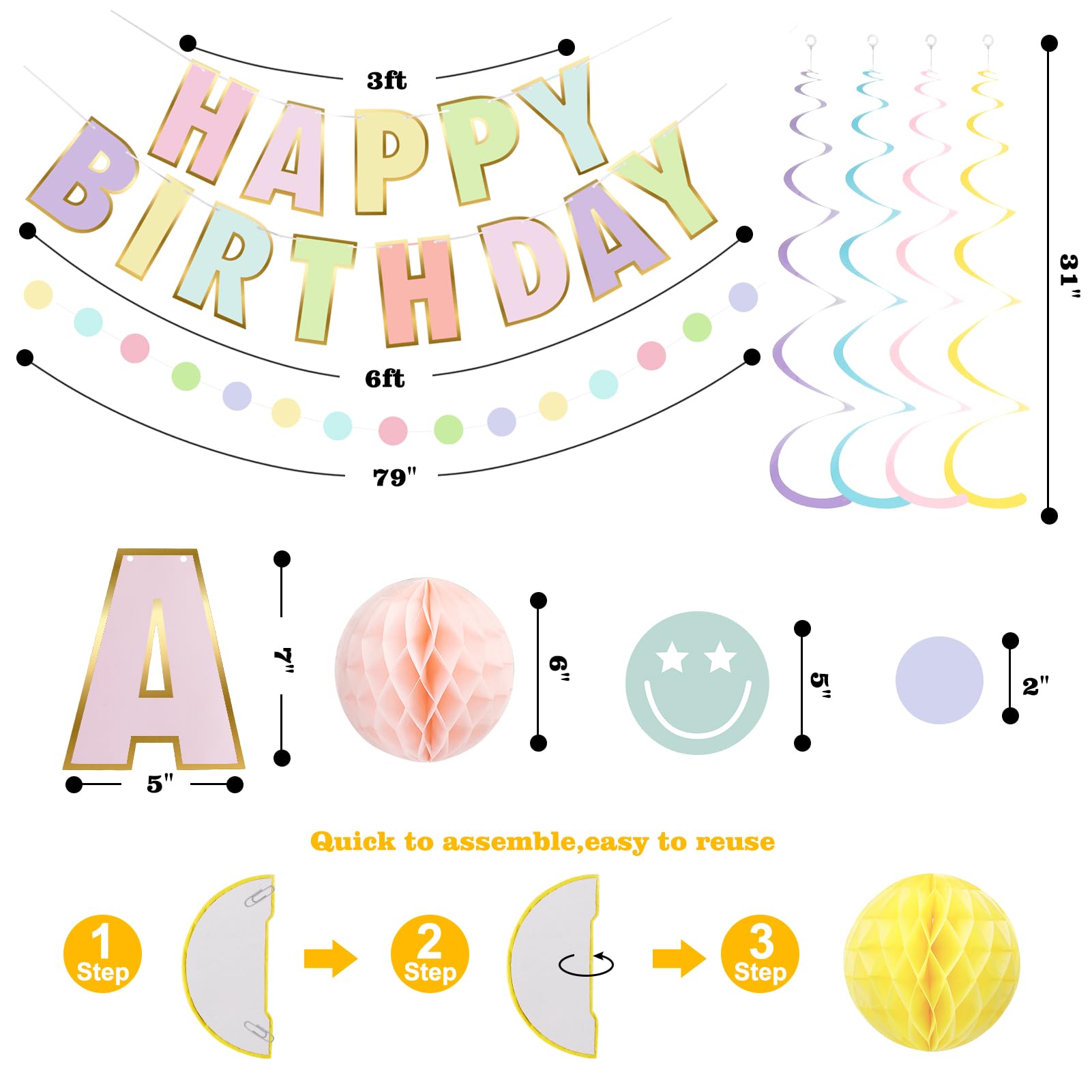 meowtastic Pastel Birthday Decorations - Macaron Happy Birthday Banner with Honeycomb, Smiley Face Hanging Swirl Streamer, Circle Dot Garland Decorations - Birthday Party Decorations for Boys Girls