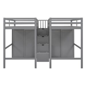 Double Loft Beds with Stairs and 2 Wardrobes, Twin Size Wood Loft Bed Frame with Large Storage Staircase and Closet for Two Kids Girls Boys Teens, No Box Spring Needed, Gray