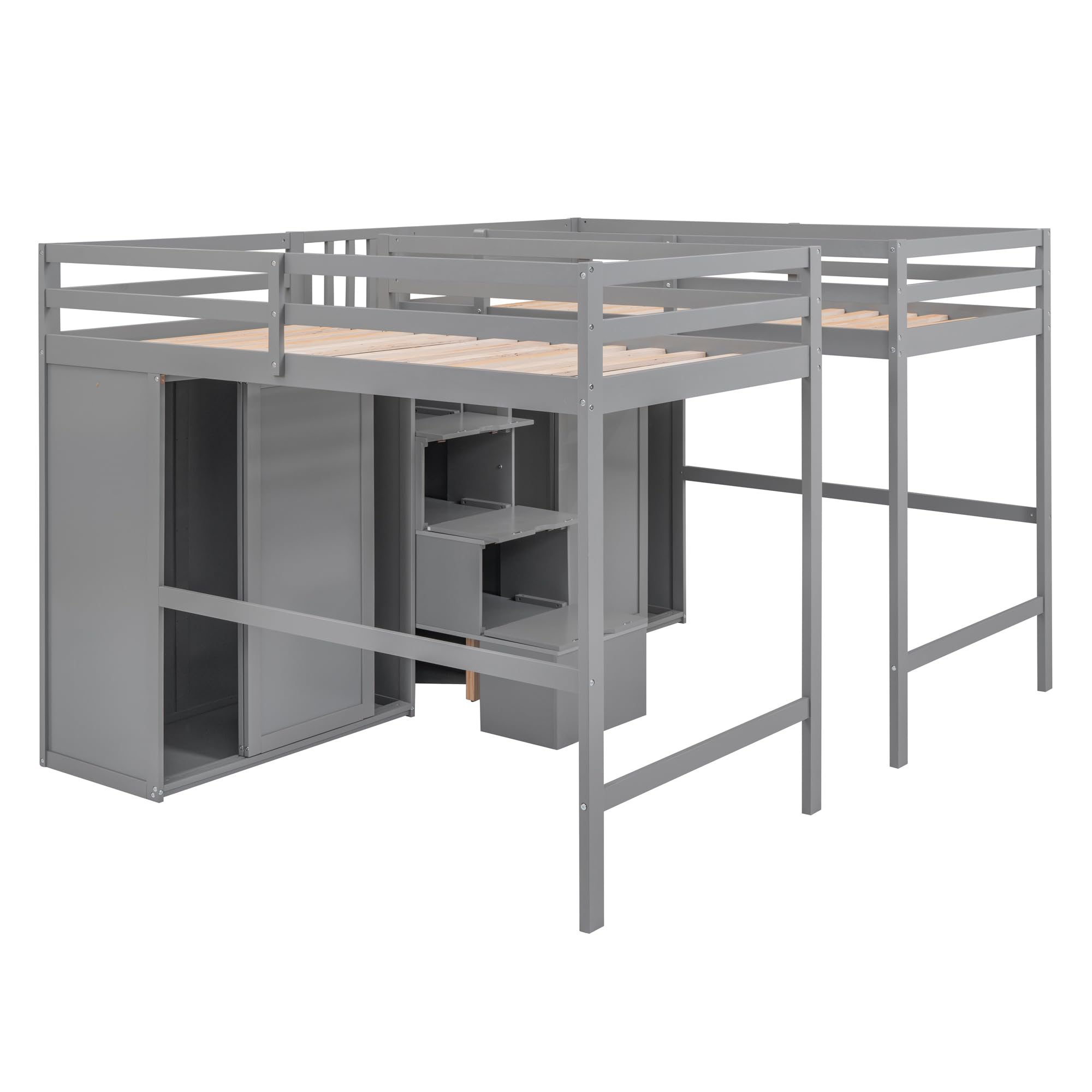 Double Loft Beds with Stairs and 2 Wardrobes, Twin Size Wood Loft Bed Frame with Large Storage Staircase and Closet for Two Kids Girls Boys Teens, No Box Spring Needed, Gray