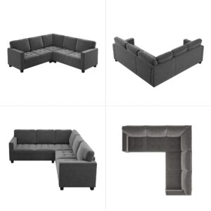 HONBAY Velvet Convertible Sectional Sofa L Shaped Couch Reversible 4 Seat Corner Sectional Sofa for Small Space, Grey