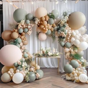 dusty green nude balloon garland double stuffed blush brown cream sand white balloon arch neutral avocado green apricot matte balloons for baby shower wedding birthday gender reveal party decoration