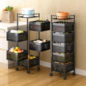 CLAYHU Rotating Storage Rack with Lockable Casters & Stainless Steel Removable Storage Basket Fruit and Vegetable Storage Rack for Kitchen Bathroom Storage Basket Rack Bedroom (Black, 5 Tier)