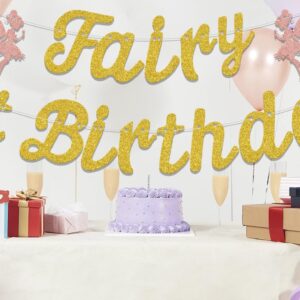 Fairy 1st Birthday Banner, Cute Fairies 1st Birthday Party Decorations, Flower Fairy Girl Happy First Birthday Anniversary Baby Shower Party Supplies Gold Rose Gold