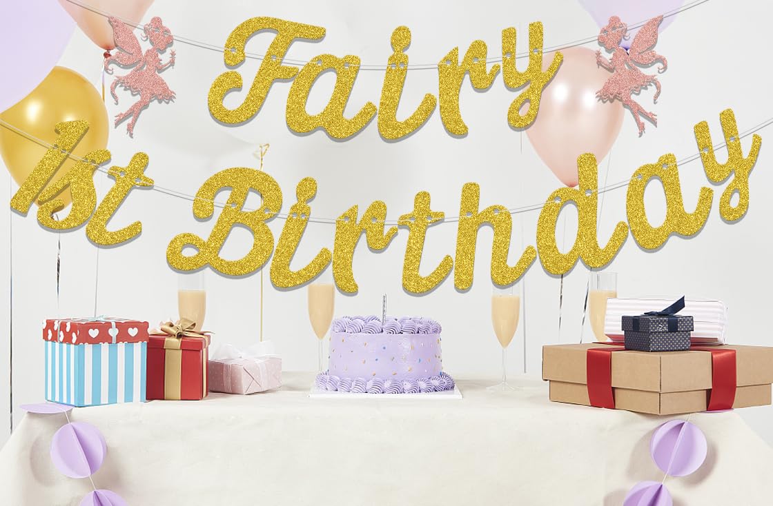 Fairy 1st Birthday Banner, Cute Fairies 1st Birthday Party Decorations, Flower Fairy Girl Happy First Birthday Anniversary Baby Shower Party Supplies Gold Rose Gold