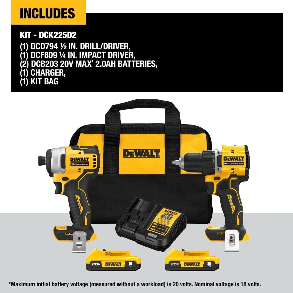 Dewalt DCK225D2 20V MAX ATOMIC Brushless Compact Lithium-Ion 1/2 in. Cordless Drill Driver and 1/4 in. Impact Driver Combo Kit with 2 Batteries (2 Ah)